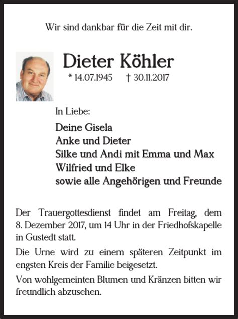 Traueranzeigen von Dieter Köhler trauer38 de