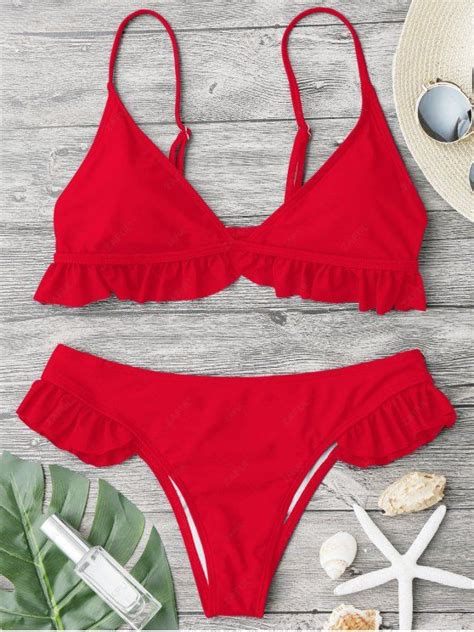 55 OFF 2021 Ruffle Padded Plunge Bikini Set In BRIGHT RED ZAFUL