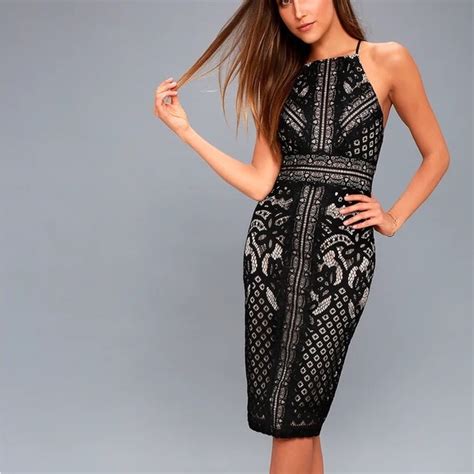 Lulus Dresses Lulus Primrose Nude And Black Lace Bodycon Midi Dress Poshmark