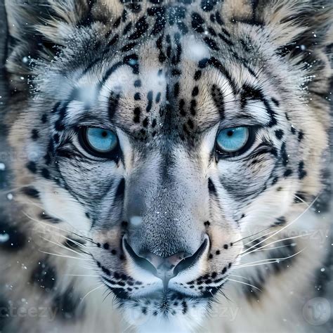 Ai Generated A Close Up Of A Snow Leopard With Blue Eyes Stock