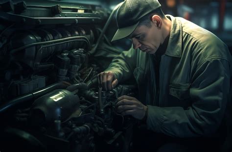 Premium AI Image A Man Working On A Car Engine With A Green Cap On