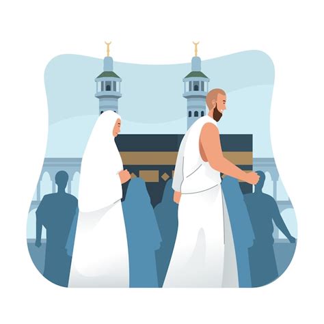 Hajj Pilgrims Perform Tawaf Hajj Or Umrah With Flat Cartoon Character