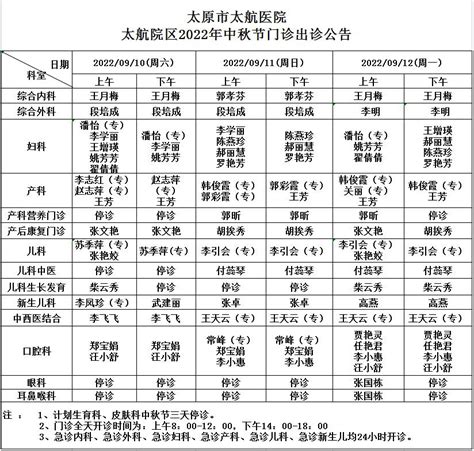 太原市太航医院2022年中秋节假期两院区门诊开诊公告 医院公告 通用医疗太原太航医院官方网站