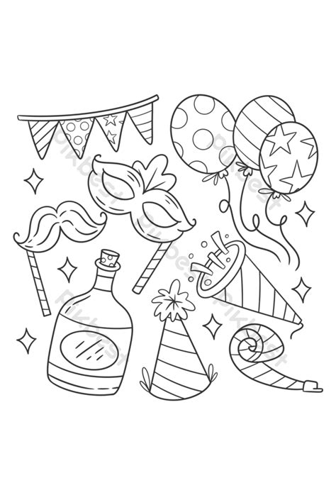 Drawing Happy New Year Party Element Set Of For Coloring | AI PNG ...