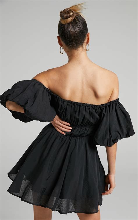 Jessra Off Shoulder Puff Sleeve Mini Dress In Black Showpo Usa