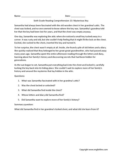 Reading Comprehension Worksheets Sixth Grade Reading Comprehension