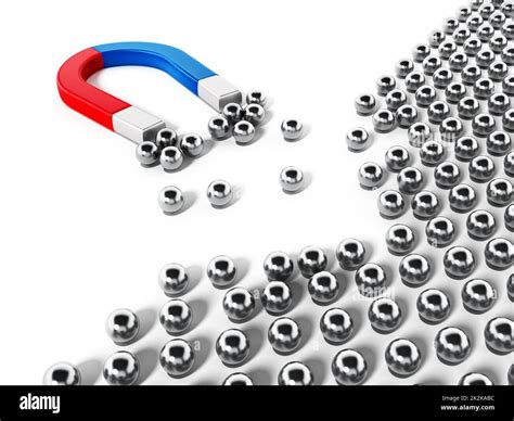 Horseshoe magnet pulling chrome spheres. 3D illustration Stock Photo ...