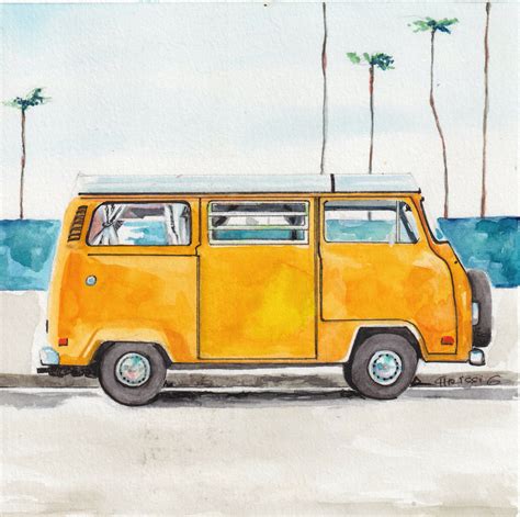 Vintage Vw Bus Original Painting Beach Surfer Art Camper Etsy