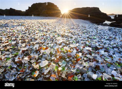 Glass Beach At Sunset Former Dump Site In Which The Glass Has Now