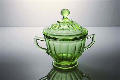 Sugar Bowl Federal Glass Colonial Fluted Green Vaseline Glass