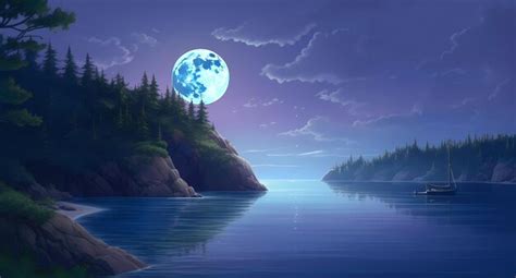 Premium Photo A Full Moon Is Shining Over A Mountain Lake