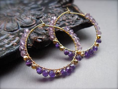 Amethyst Hoop Earrings Amethyst and Gold Beads Wire Wrapped | Etsy