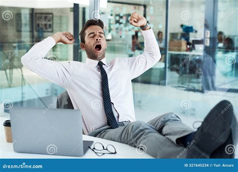 Laptop Tired Or Yawn And Business Man At Desk In Office With Burnout Or Fatigue From Workload