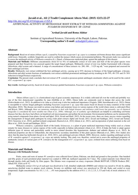 Pdf Antifungal Activity Of Methanolic Root Extract Of Withania