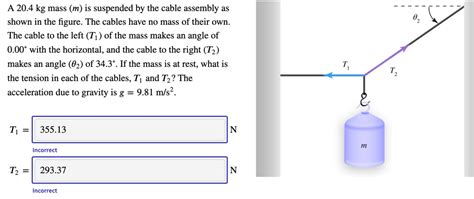 A 20 4 Kg Mass M Is Suspended By The Cable Assembly As Shown In The Figure The Cables Have No