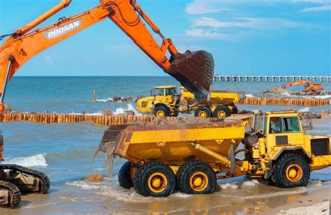 Construction of Breakwaters, Construction Equipment on the Sea Coast ...