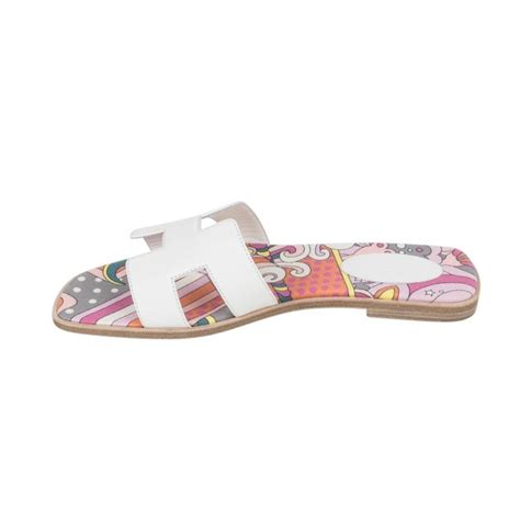 Hermes Sandal Flat Oran White Silk Print Lining 395 95 Rare For