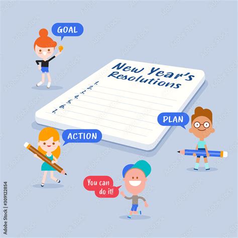 Cheerful tiny kids with New year's resolutions list on notepad. Vector ...