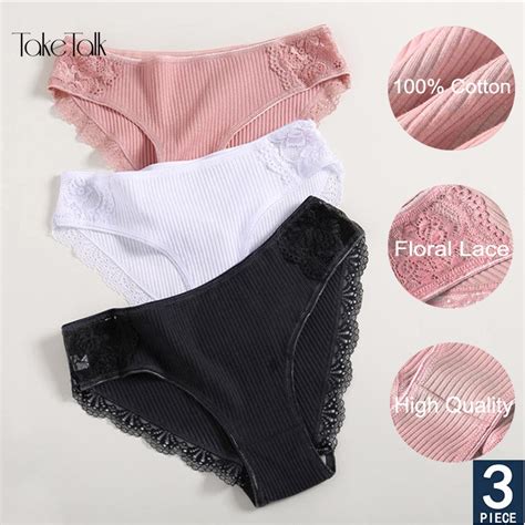 Take Talk 3pcsset Cotton Underwear Womens Panties Comfort Underpants Floral Lace Briefs For