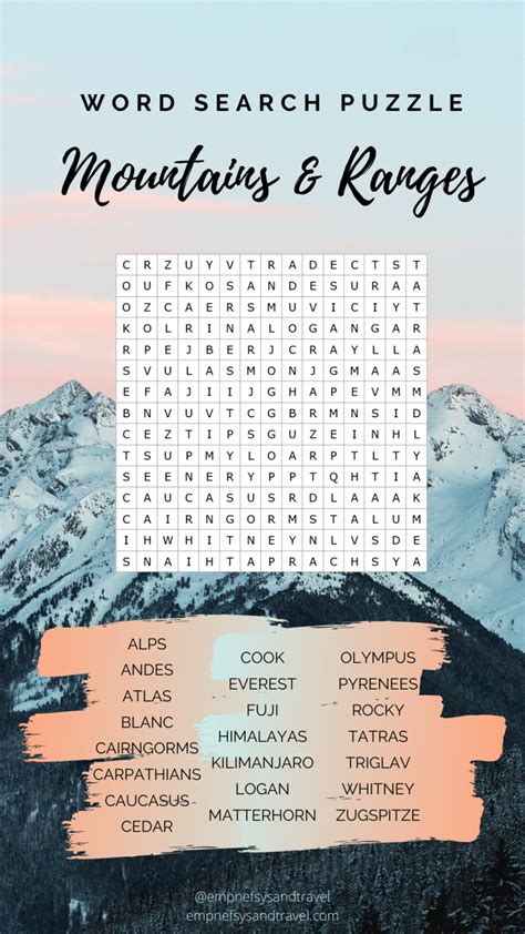 Mountains Mountain Ranges Word Search Puzzle Empnefsys Travel