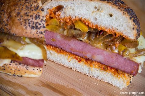 Fried Mortadella Bologna Sandwich With Peppers Onions And Chipotle