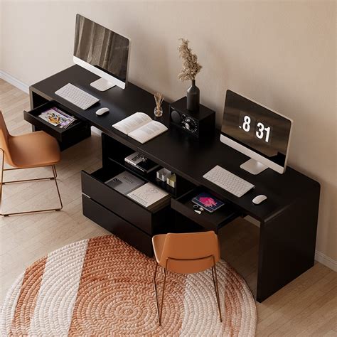 2-Person Double Desk Modern Black Retangular Office Desk 4 Drawers & 1 ...