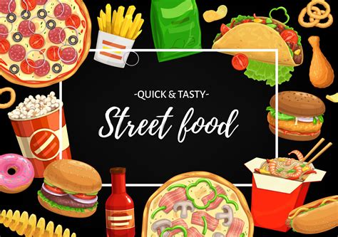 Street Food Vector Poster Cartoon Takeaway Meals 23399832 Vector Art At