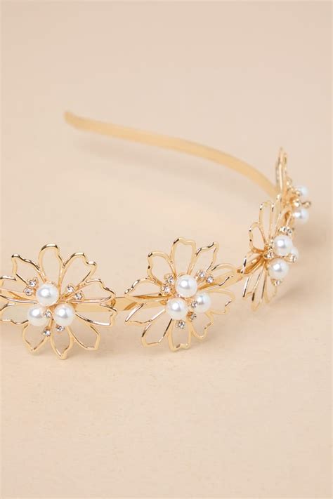 Gold Rhinestone Headband Pearl Flower Headband Hair Band Lulus