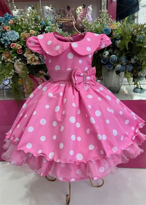 Vestido Minnie Rosa Bolinha Branca Luxo 1 2 3 4 Paty Batizados