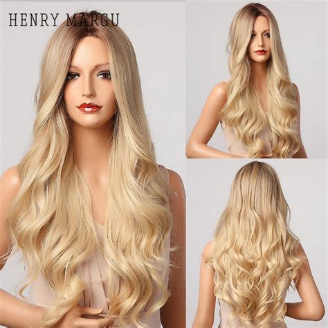 Hot Stockhenry Margu Blonde Platinum Ombre Brown Synthetic Wig For Women Long Wavy Natural Wigs