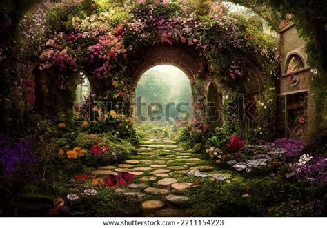 Beautiful Secret Fairytale Garden Flower Arches Stock Illustration