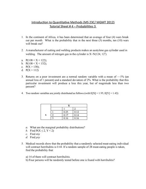 Tutorial Sheet A Probabilities Introduction To Quantitative