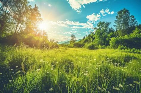 Premium Photo Panorama Landscape View Of Green Grass Field Agent Blue