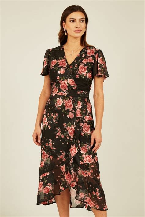 Mela Black Rose Print Midi Wrap Dress Mela