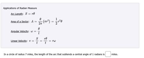 Solved Applications of Radian Measure Arc Length: S=rθ Area | Chegg.com