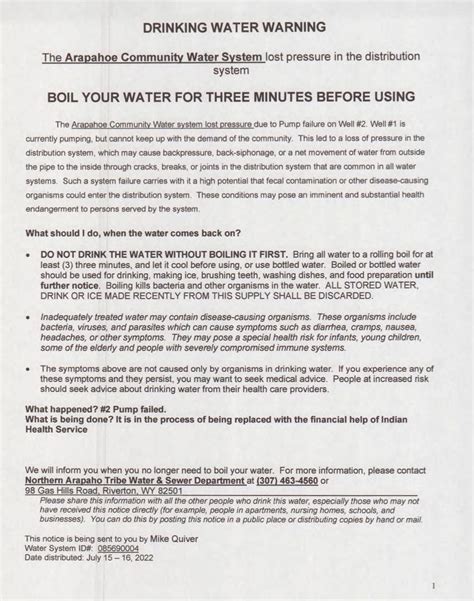 Drinking Water Warning Issued For Arapahoe Community Water System County 10