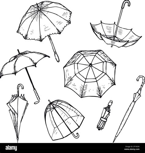 Hand Drawn Umbrellas Set With Opened And Closed Parasols Of Different