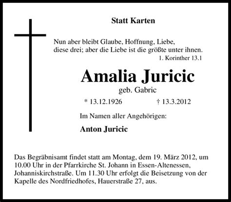 Traueranzeigen Von Amalia Juricic Trauer In Nrw De