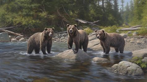 Premium Photo A Painting Of Bears Standing On A Rock In A River