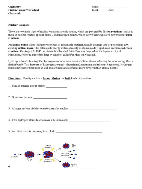 Free fusion and fission worksheet, Download Free fusion and fission ...