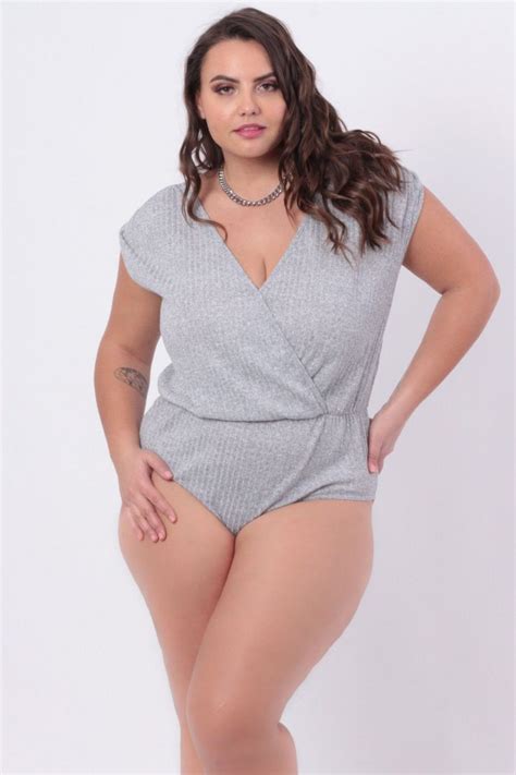 Womens Plus Size Cross Front Bodysuit Grey Curvy Sense Grey