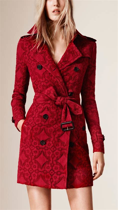 Lyst Burberry Gabardine Lace Trench Coat In Red