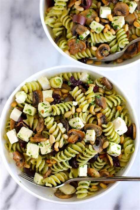 Pasta With Mushrooms Olives Feta And Pesto Green Valley Kitchen