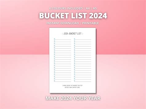 2024 Bucket List Printable Bucket List Template Dream Bucket List Goal