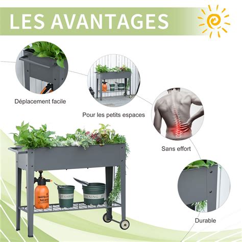 Jardinière sur pieds potager dim 104L x 39l x 80H cm étagère 2 roues