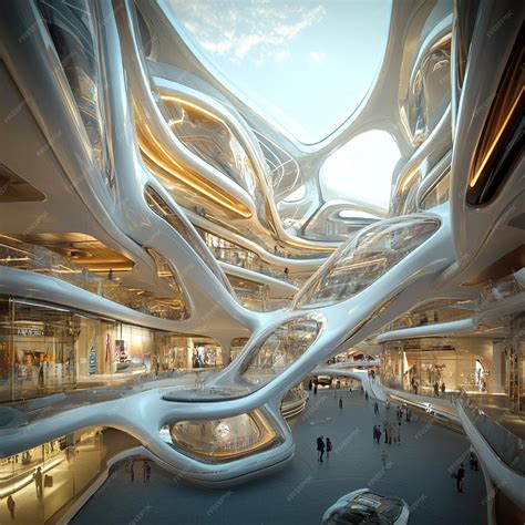 A futuristic shopping mall with a dynamic design and interactive