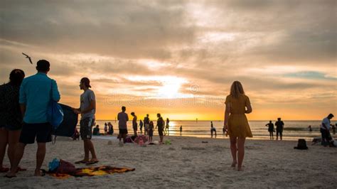 Beautiful Fiery Sunset On Busy Clearwater Beach Florida Editorial Photo