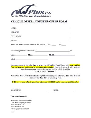 Fillable Online Repo Offer Form Nw Plus Cu Fax Email Print Pdffiller