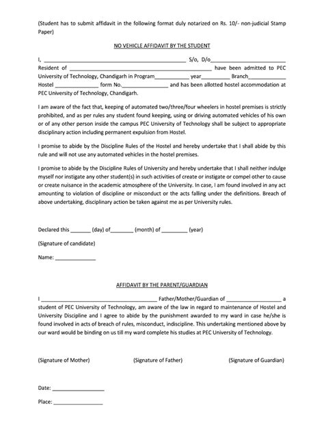 Fillable Online Pec Ac Student Has To Submit Affidavit In The