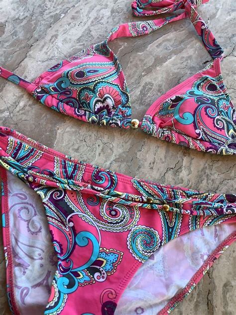 Y2K Pink Paisley Bikini Set With Gold Details Women S Fashion